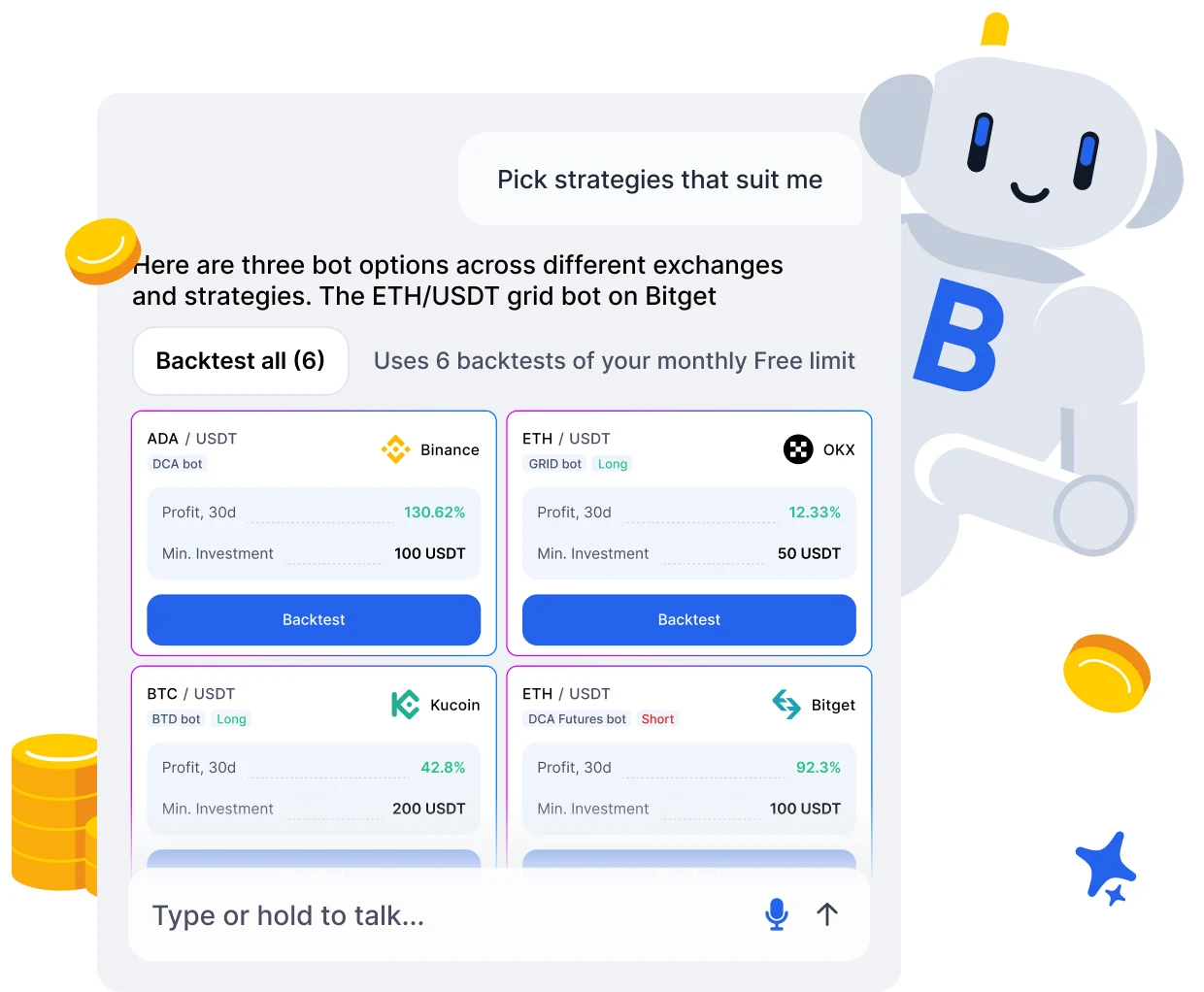 Bitsgap AI Chat suggests trading bots with backtest results