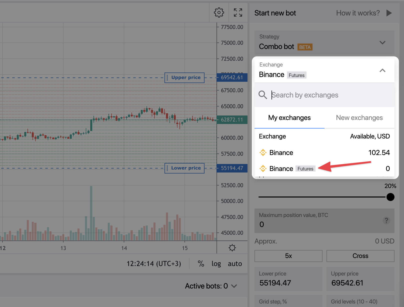 To use Bitsgap Combo bot, you will have to choose an exchange that supports futures trading, e.g. Binance Futures.
