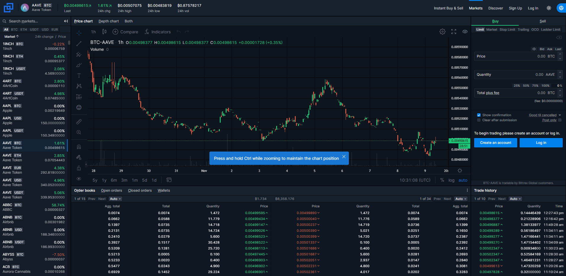 Bittrex trading interface overview.